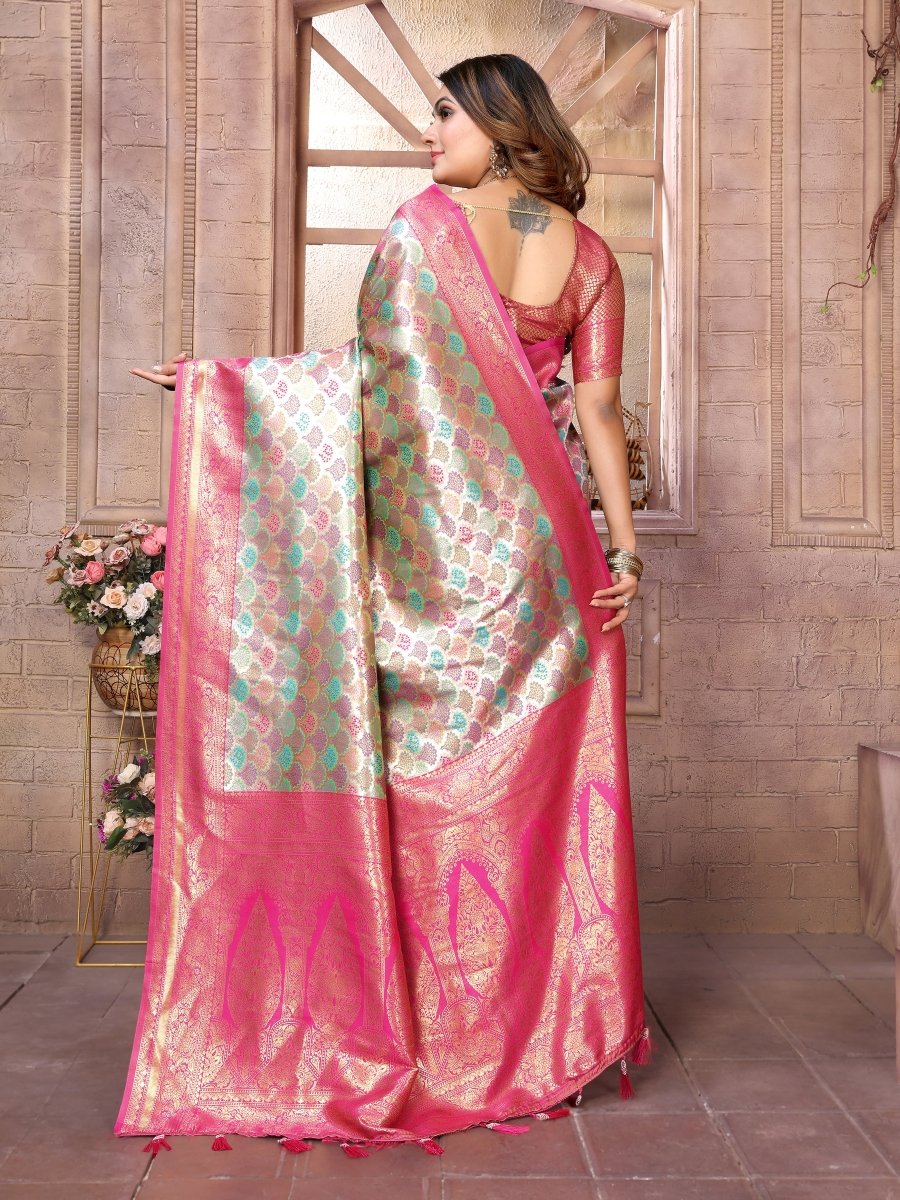 siitara - “Magenta Bloom Chaturi Banarasi Silk Saree – With Golden Zari & Aqua Green Motifs” - Siitara