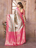 siitara - “Magenta Bloom Chaturi Banarasi Silk Saree – With Golden Zari & Aqua Green Motifs” - Siitara