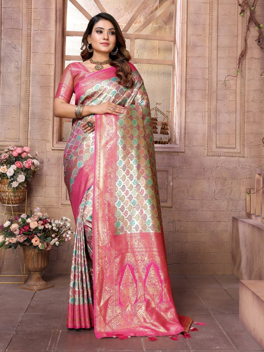 siitara - “Magenta Bloom Chaturi Banarasi Silk Saree – With Golden Zari & Aqua Green Motifs” - Siitara