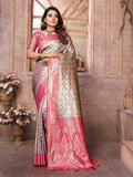 siitara - “Magenta Bloom Chaturi Banarasi Silk Saree – With Golden Zari & Aqua Green Motifs” - Siitara