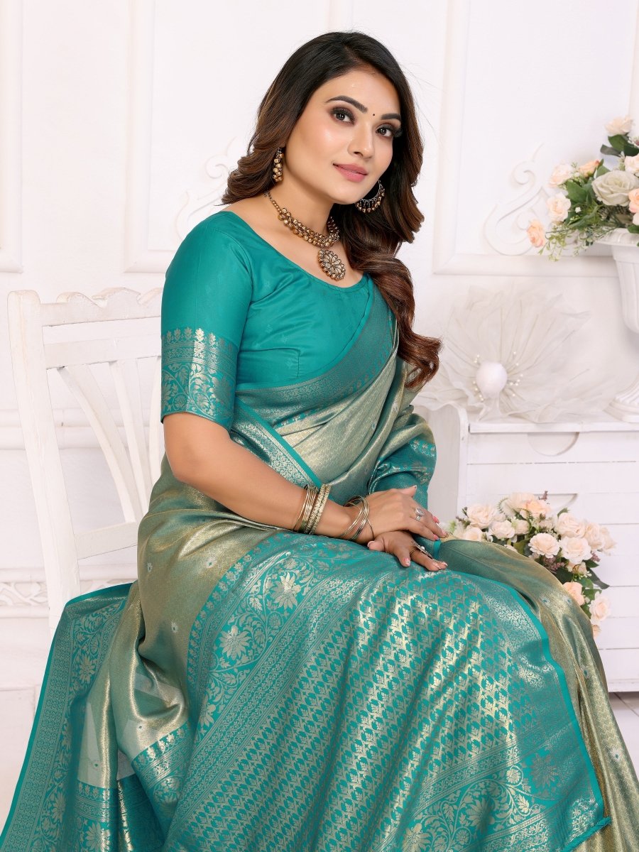 Siitara - “Majestic Eshwari Sea Green Zari Elegance Pure Silk Saree” - Siitara