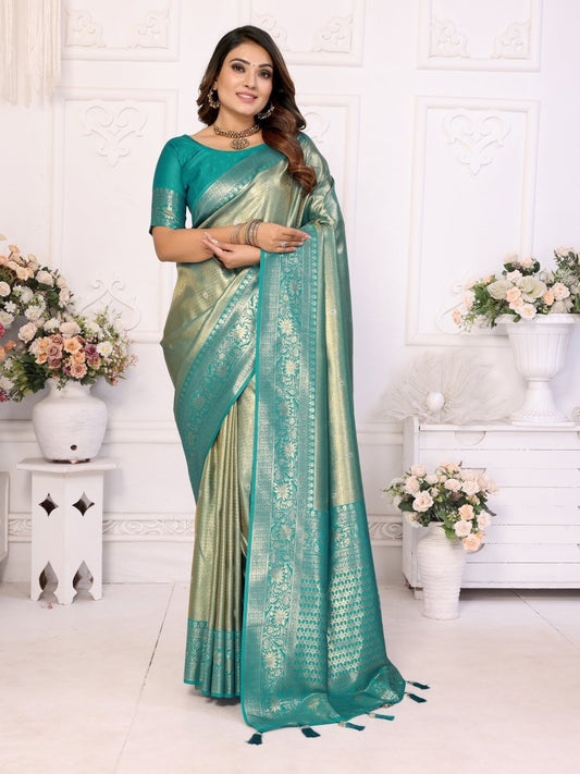 Siitara - “Majestic Eshwari Sea Green Zari Elegance Pure Silk Saree” - Siitara