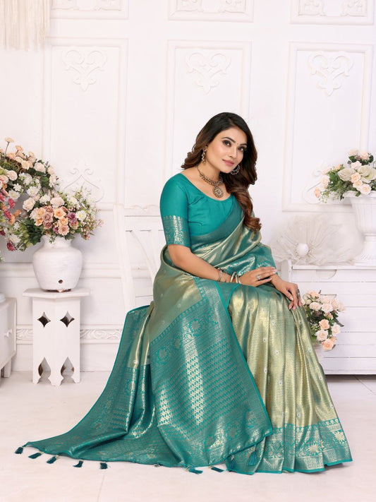 Siitara - “Majestic Eshwari Sea Green Zari Elegance Pure Silk Saree” - Siitara