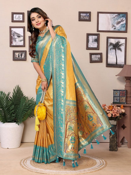 Siitara - Mustard Royalty with Teal Grandeur vantara Banarasi Tissue Silk Saree - Siitara