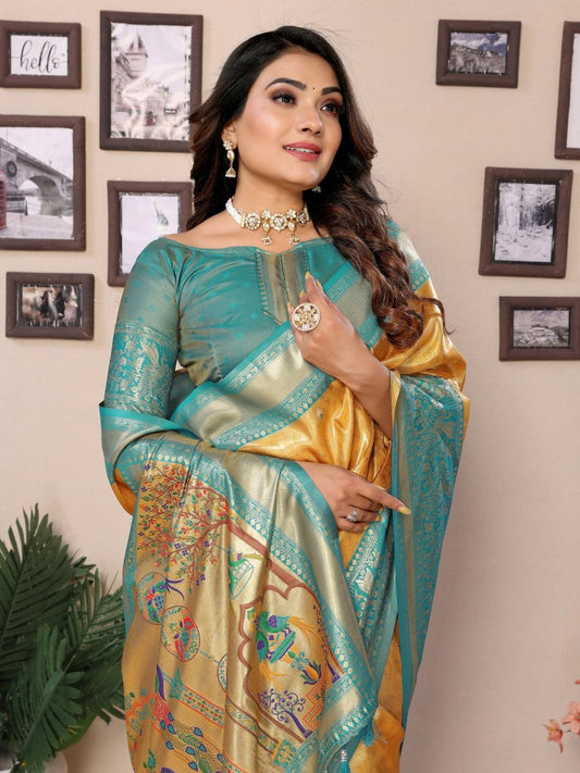 Siitara - Mustard Royalty with Teal Grandeur vantara Banarasi Tissue Silk Saree - Siitara