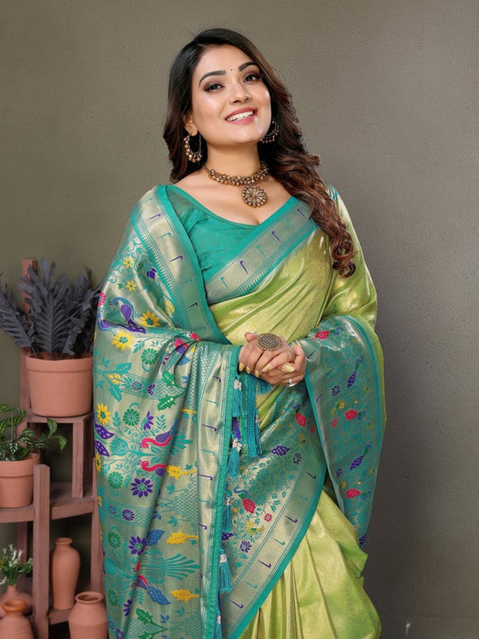Siitara - Parrot Glow Banarasi mrudangi Tissue Shine Silk Saree - Siitara