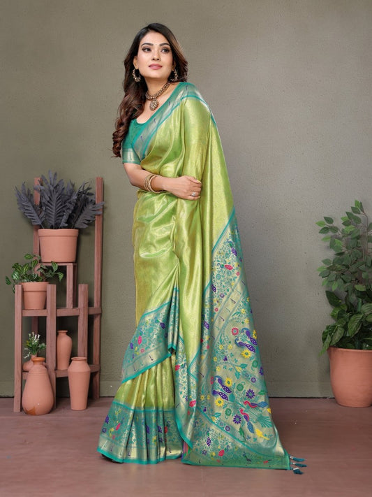 Siitara - Parrot Glow Banarasi mrudangi Tissue Shine Silk Saree - Siitara