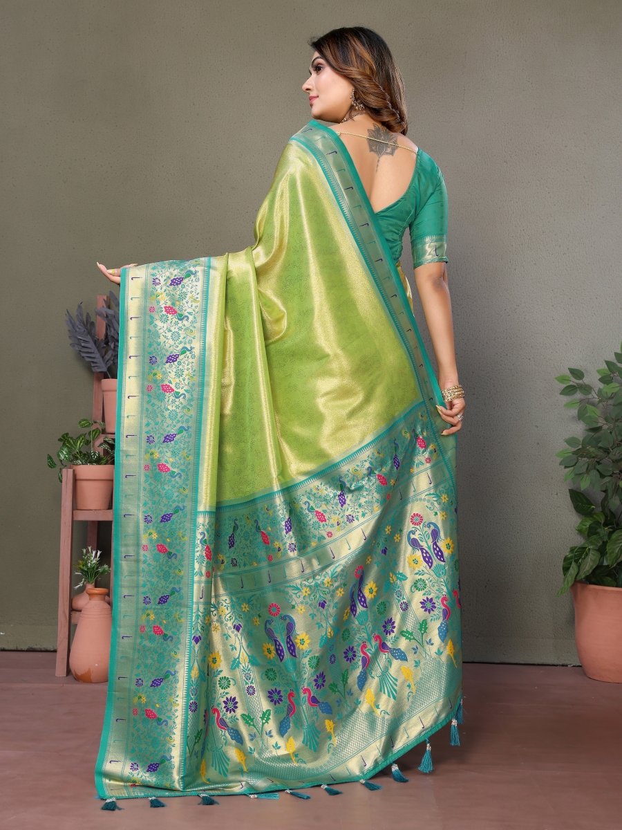 Siitara - Parrot Glow Banarasi mrudangi Tissue Shine Silk Saree - Siitara