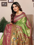 Siitara - Parrot Green Elegance with Maroon Paithani Charm vantara Banarasi Tissue Silk Saree - Siitara