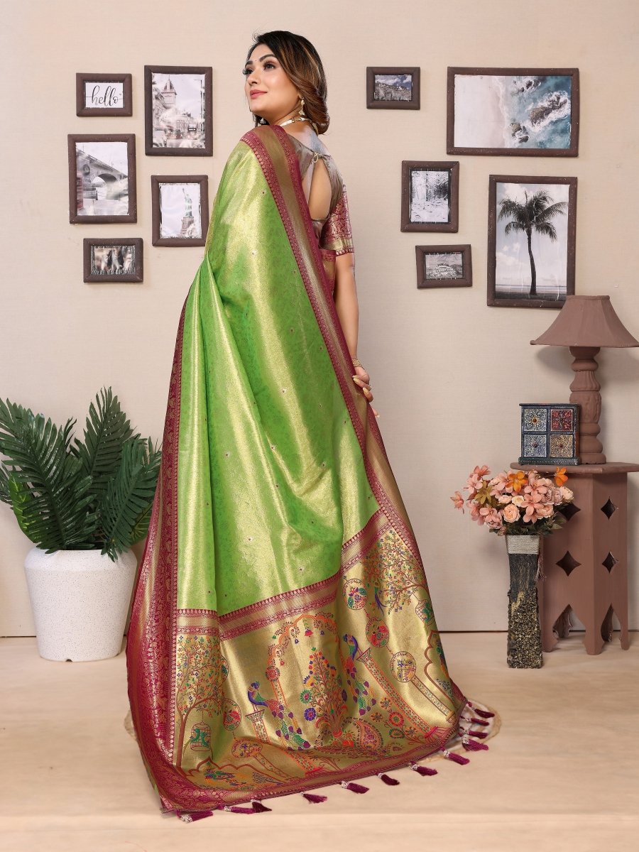 Siitara - Parrot Green Elegance with Maroon Paithani Charm vantara Banarasi Tissue Silk Saree - Siitara