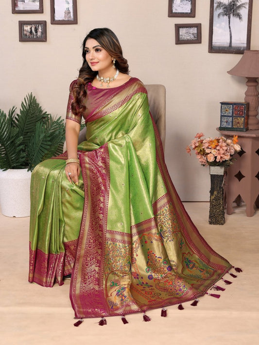 Siitara - Parrot Green Elegance with Maroon Paithani Charm vantara Banarasi Tissue Silk Saree - Siitara