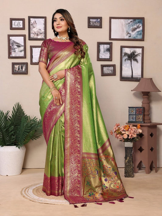 Siitara - Parrot Green Elegance with Maroon Paithani Charm vantara Banarasi Tissue Silk Saree - Siitara