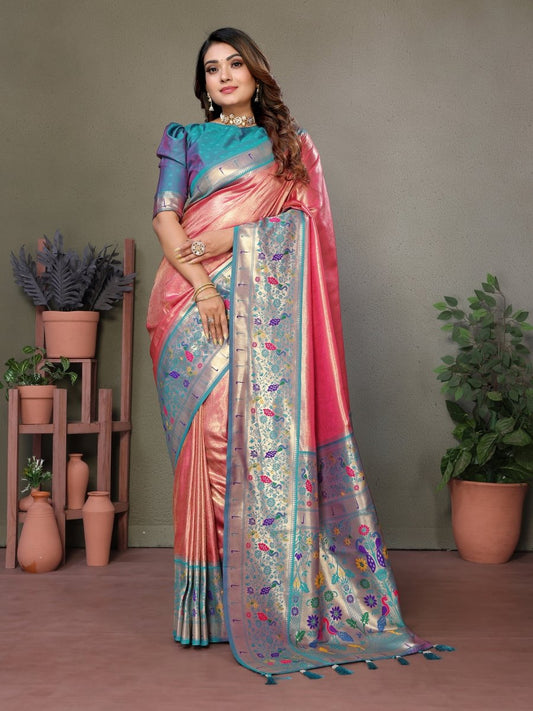 Siitara - peachy pink mrudangi Paithani Glow tissue silk saree - Siitara