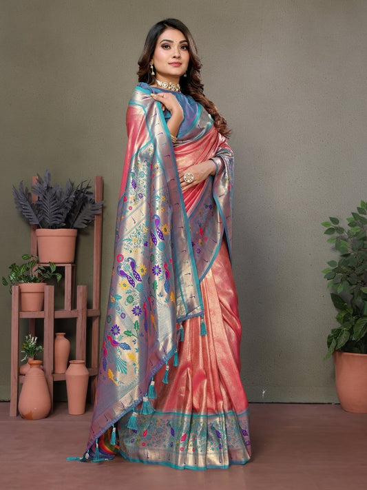 Siitara - peachy pink mrudangi Paithani Glow tissue silk saree - Siitara
