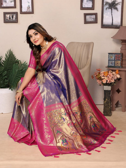 Siitara - Rani Glow with Royal Purple Charm vantara Banarasi Tissue Silk Saree - Siitara