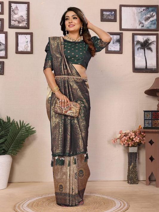 Siitara - Royal Golden Beige & Deep Bottle Green Handloom Tissue Silk Saree - Siitara