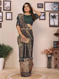 Siitara - Royal Golden Beige & Deep Bottle Green Handloom Tissue Silk Saree - Siitara