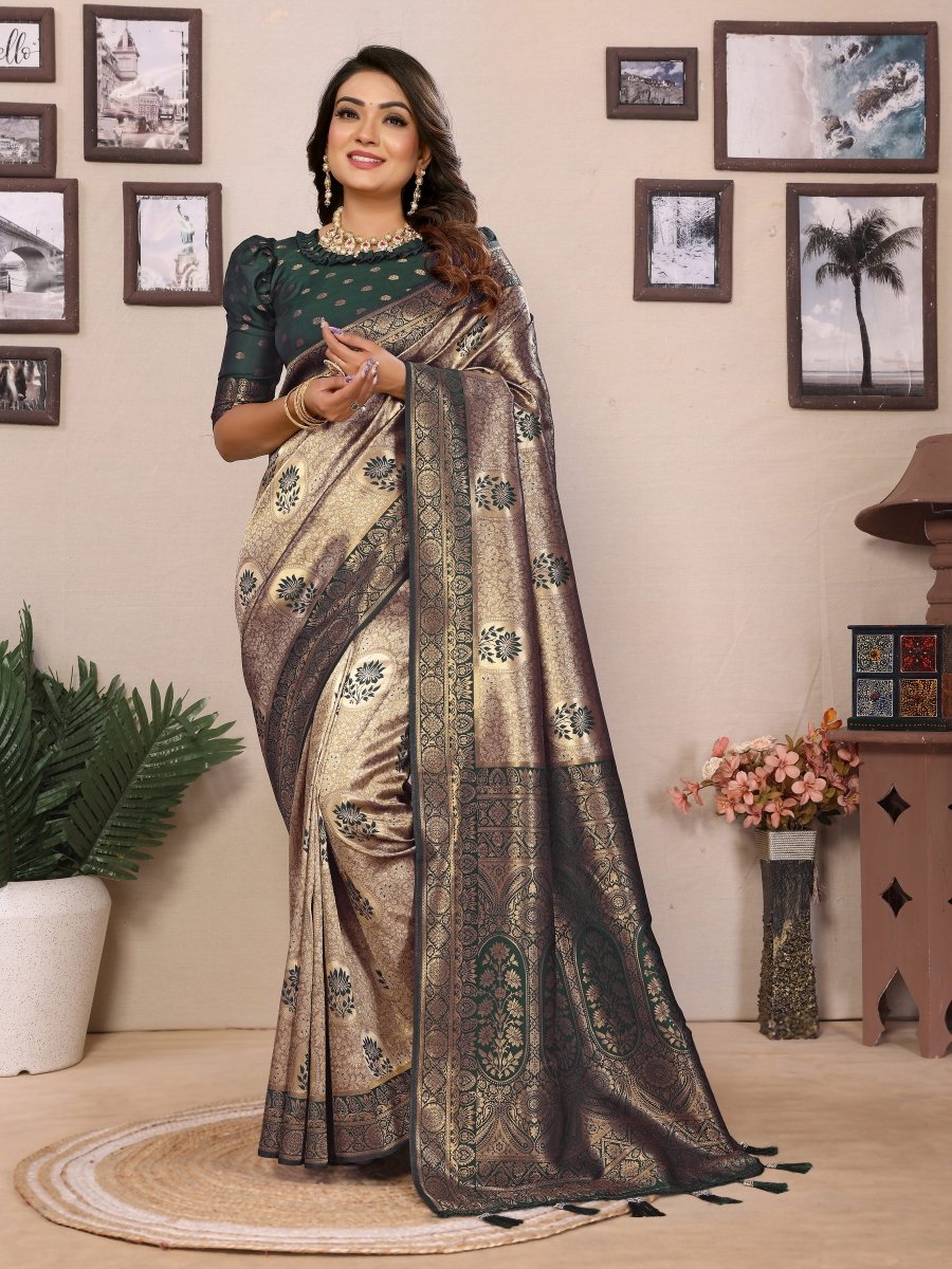 Siitara - Royal Golden Beige & Deep Bottle Green Handloom Tissue Silk Saree - Siitara