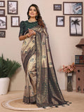 Siitara - Royal Golden Beige & Deep Bottle Green Handloom Tissue Silk Saree - Siitara