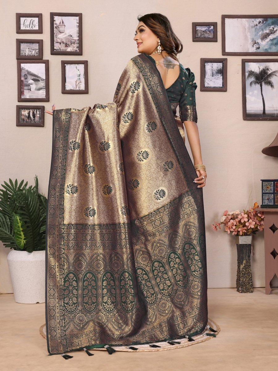Siitara - Royal Golden Beige & Deep Bottle Green Handloom Tissue Silk Saree - Siitara