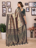 Siitara - Royal Golden Beige & Deep Bottle Green Handloom Tissue Silk Saree - Siitara