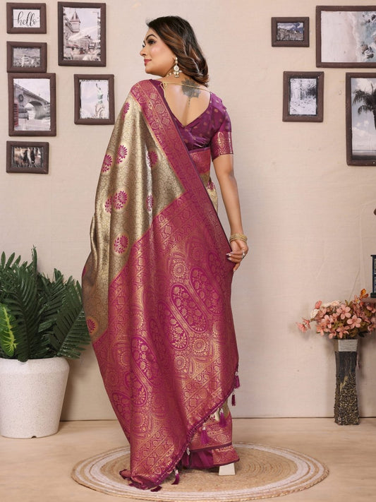 Siitara - Royal Golden Beige & Rani Pink Handloom Tissue Silk Saree - Siitara