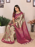 Siitara - Royal Golden Beige & Rani Pink Handloom Tissue Silk Saree - Siitara