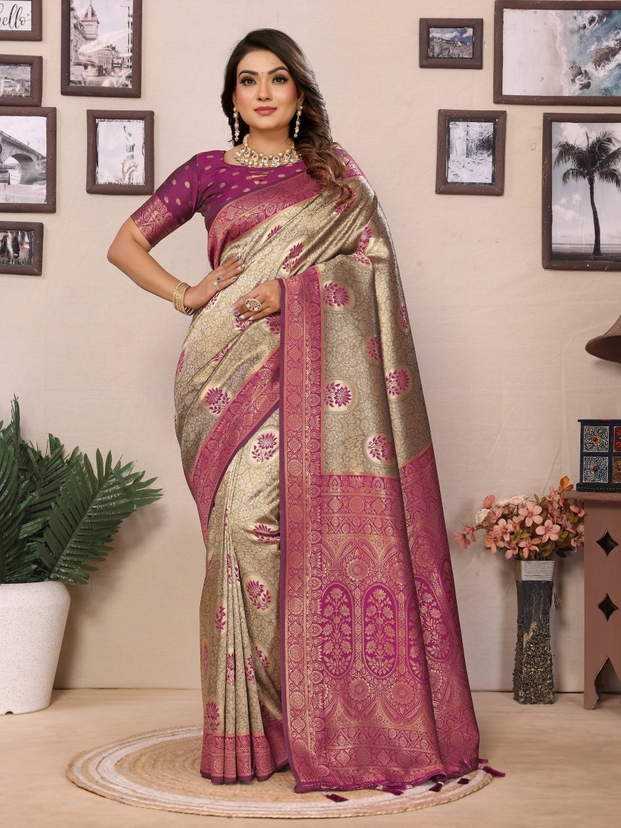 Siitara - Royal Golden Beige & Rani Pink Handloom Tissue Silk Saree - Siitara