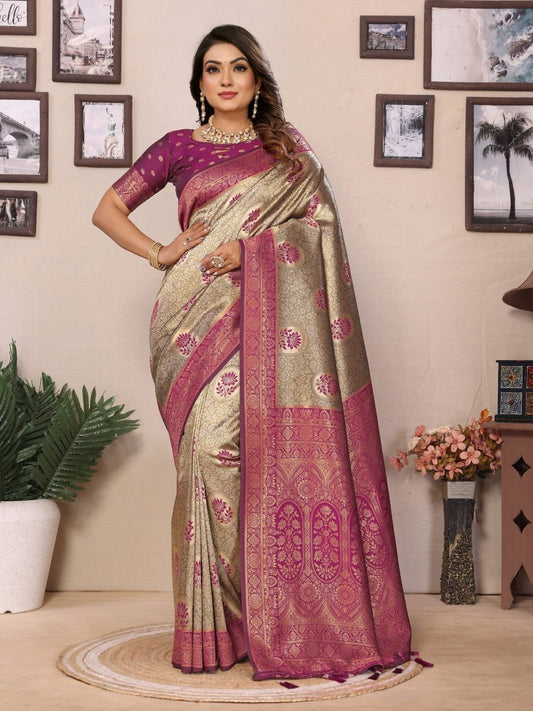 Siitara - Royal Golden Beige & Rani Pink Handloom Tissue Silk Saree - Siitara