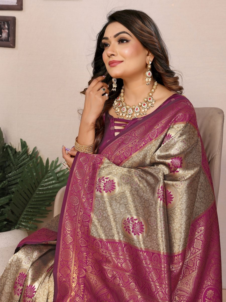 Siitara - Royal Golden Beige & Rani Pink Handloom Tissue Silk Saree - Siitara