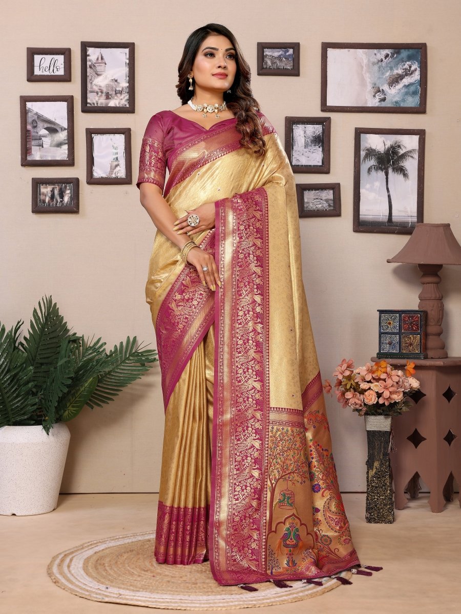 Siitara - Royal Golden with Maroon Paithani Charm vantara Banarasi Tissue Silk Saree - Siitara