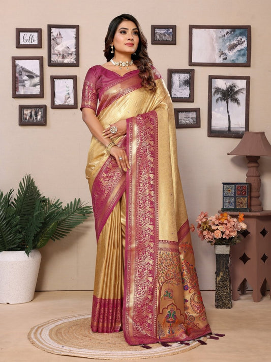 Siitara - Royal Golden with Maroon Paithani Charm vantara Banarasi Tissue Silk Saree - Siitara
