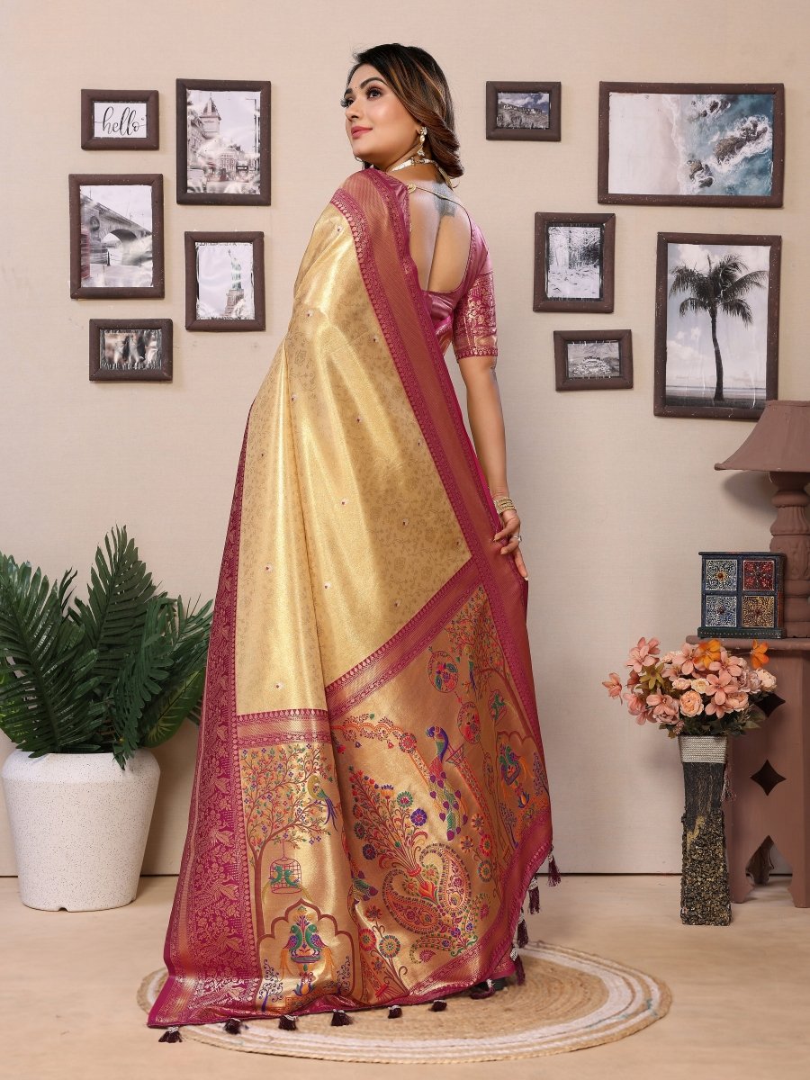 Siitara - Royal Golden with Maroon Paithani Charm vantara Banarasi Tissue Silk Saree - Siitara