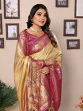 Siitara - Royal Golden with Maroon Paithani Charm vantara Banarasi Tissue Silk Saree - Siitara