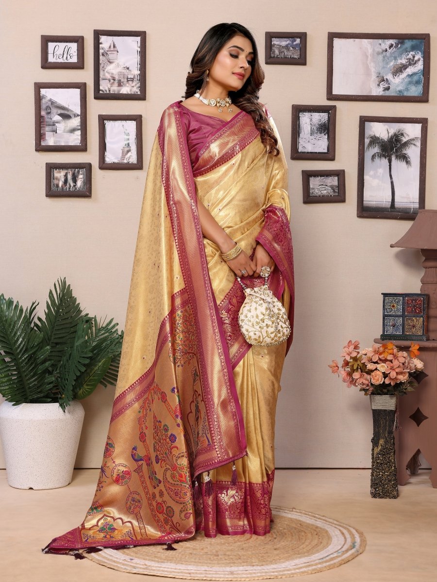 Siitara - Royal Golden with Maroon Paithani Charm vantara Banarasi Tissue Silk Saree - Siitara