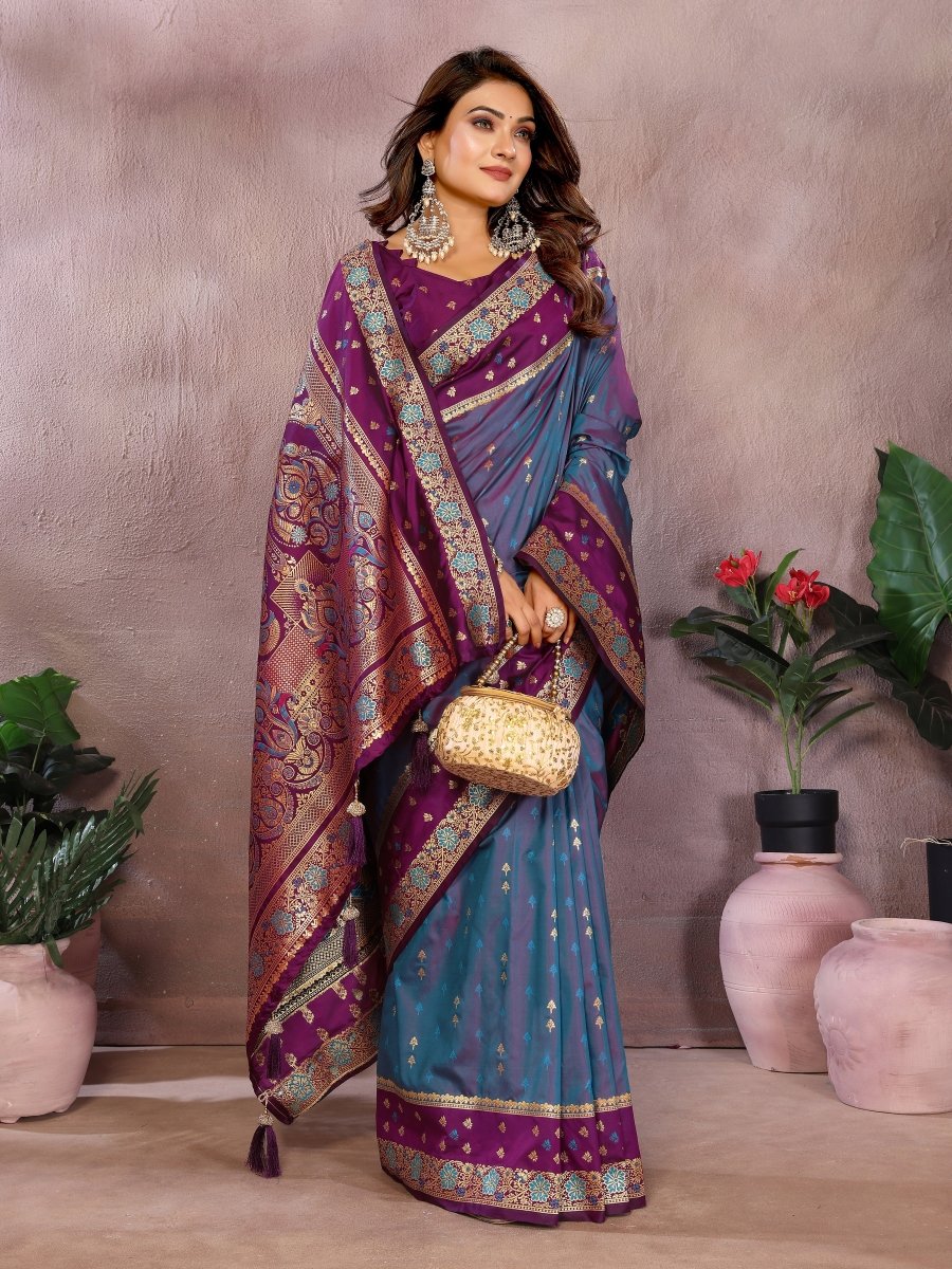 Siitara - Royal Purple & Peacock Blue Banarasi silk saree - Siitara
