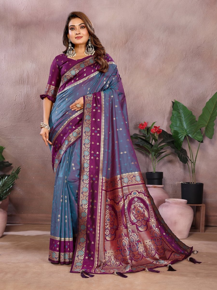 Siitara - Royal Purple & Peacock Blue Banarasi silk saree - Siitara