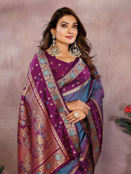 Siitara - Royal Purple & Peacock Blue Banarasi silk saree - Siitara