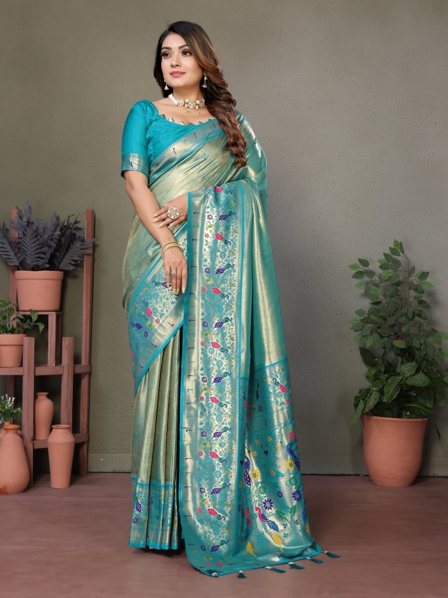 Siitara - Sea Green Paithani Glow mrudangi Silk Saree - Siitara