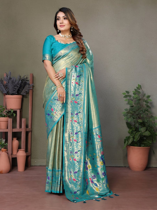 Siitara - Sea Green Paithani Glow mrudangi Silk Saree - Siitara