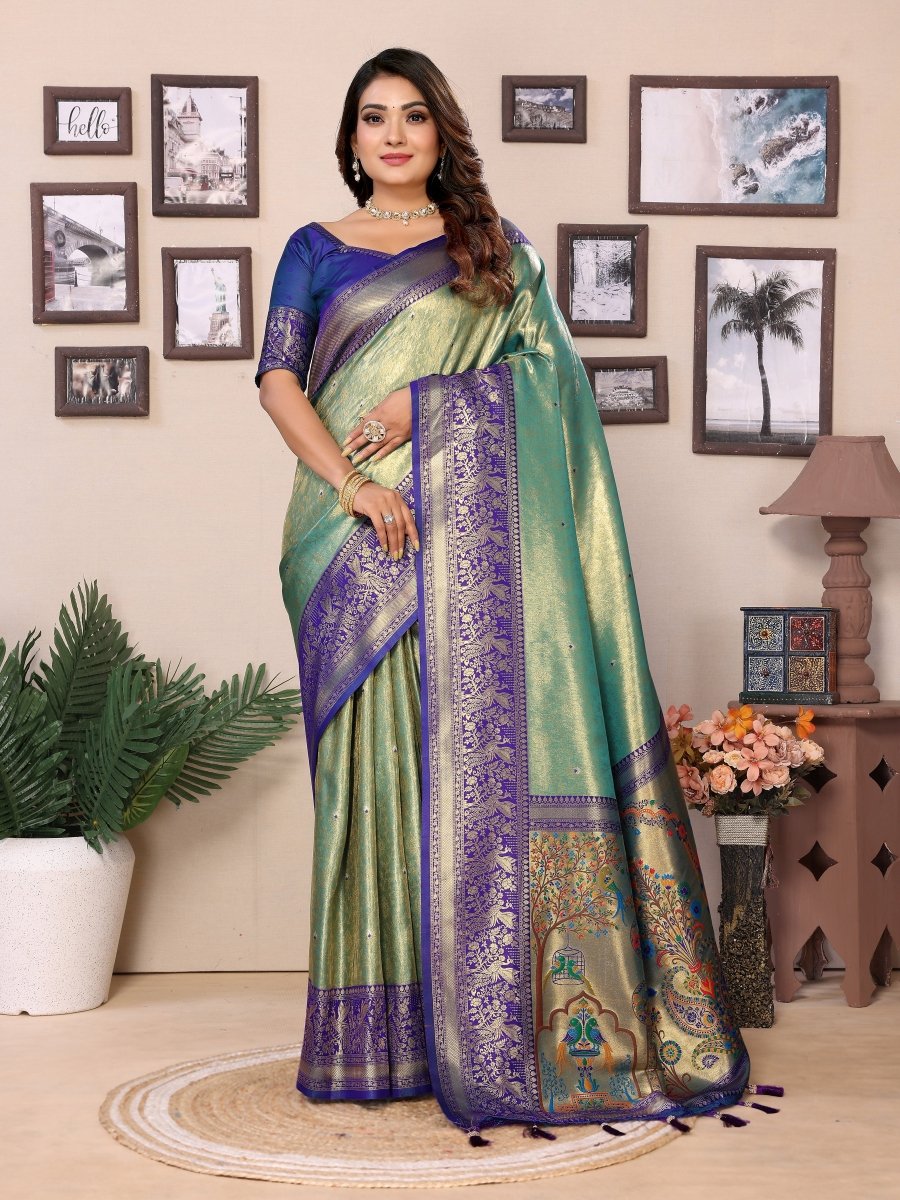 Siitara - Sea Green & Royal Purple Grandeur vantara Banarasi Tissue Silk Saree - Siitara
