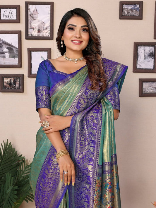 Siitara - Sea Green & Royal Purple Grandeur vantara Banarasi Tissue Silk Saree - Siitara