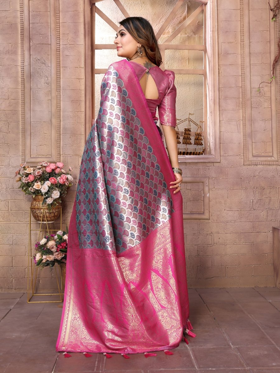 siitara - Silver Rose Chaturi Banarasi Silk Saree - Siitara