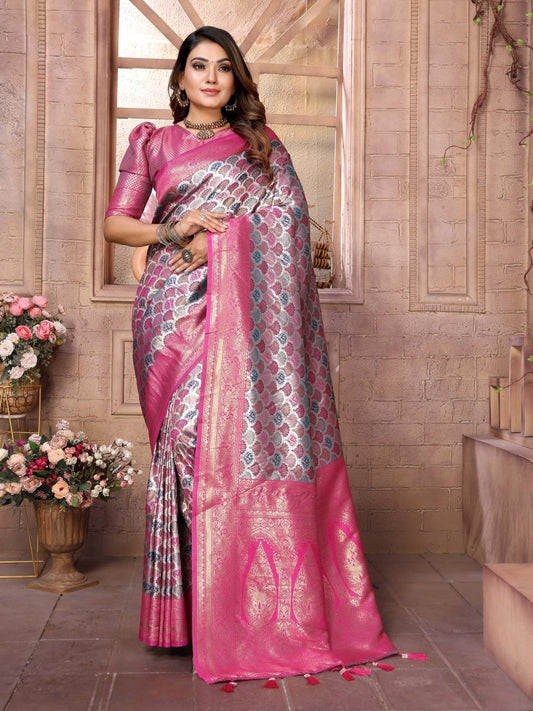 siitara - Silver Rose Chaturi Banarasi Silk Saree - Siitara