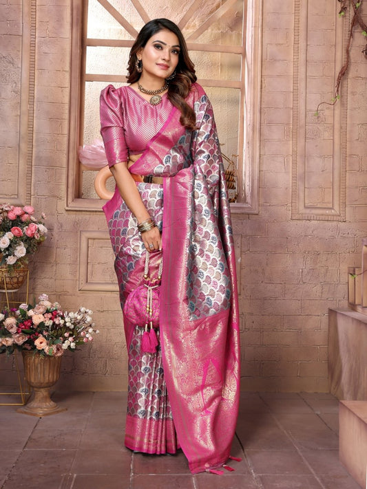 siitara - Silver Rose Chaturi Banarasi Silk Saree - Siitara