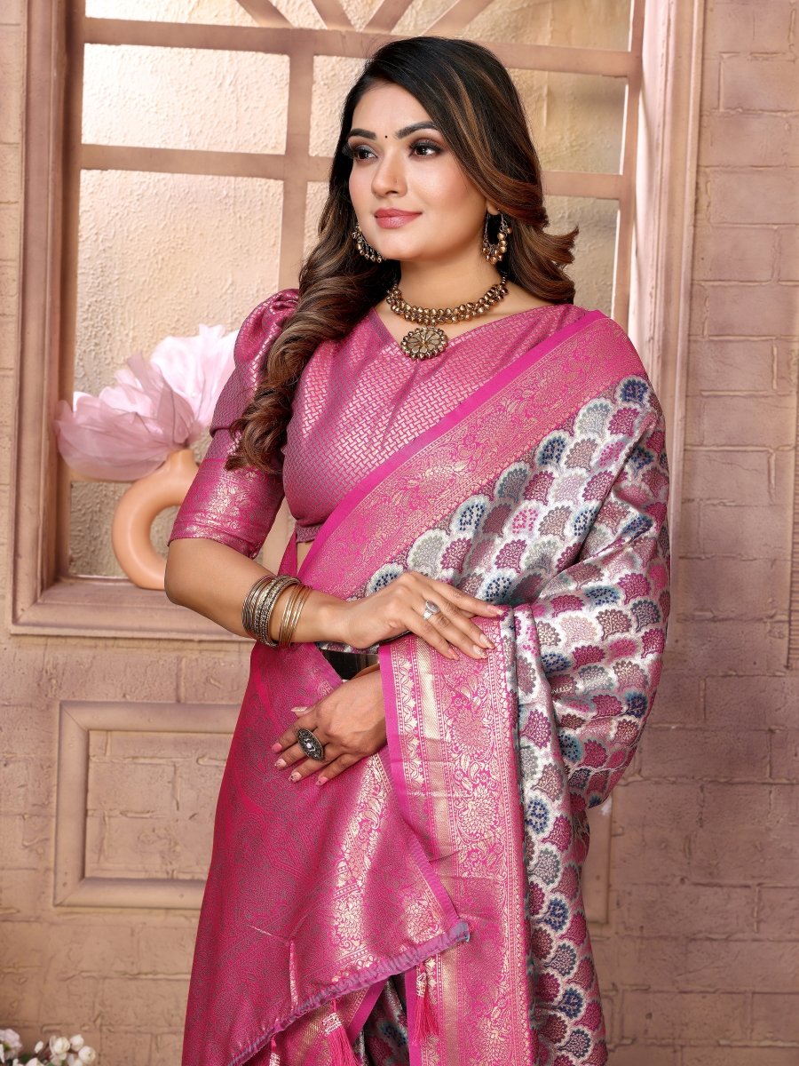 siitara - Silver Rose Chaturi Banarasi Silk Saree - Siitara